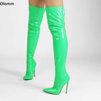 Olomm Moda Kadın Kış Parlak Diz Çizmeler Üzerinde Stiletto Topuklu Sivri Burun Yeşil Mor Fuşya Gece Kulübü Ayakkabı ABD Boyutu 5-15