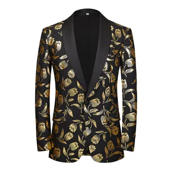 Parlak Altın Bronzlaşmaya Çiçek Smokin Blazers Erkekler Şal Yaka Bir Düğme Slim Fit Takım Elbise Ceket Erkekler Parti Düğün Sahne Şarkıcı Kostüm
