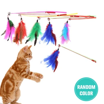 Pet Kedi Çan Dangle Renkli Tüyler Yüksek Elastik Halat Komik Oyun Oyuncak Olta Oyun Değnek Tüy Sopa Oyuncak
