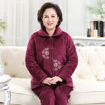 Pijama kadın Kış Üç katmanlı Pamuk Yastıklı Kalınlaşmış Sıcak Pazen Orta Yaşlı Ve Yaşlı Mercan Kadife Ev Giyim Takım Elbise Yeni