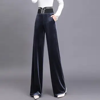 Pleuche Geniş Bacak Pantolon Güz 2020 Kadın Yüksek Bel Düz Rahat Sweatpants kadın Baggy Vintage Mektup Çan Alt Pantolon Gri