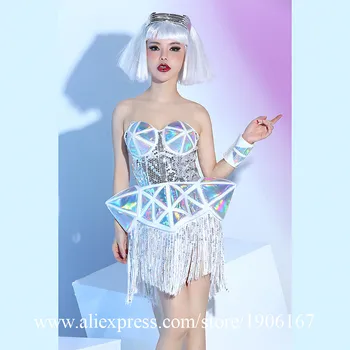Podyum Gösterisi Gümüş Renk Seksi Bayan Akşam Elbise Balo Salonu Kostüm Giyim Parti Cadılar Bayramı Performans DJ Şarkıcı Dans Kıyafeti