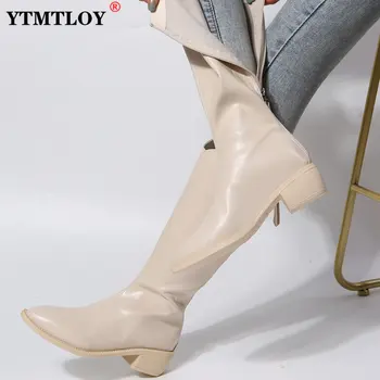 PU Deri Yüksek Çizmeler Kadın Tıknaz Diz yüksek ayakkabı Bayanlar Düşük Topuk Geri Fermuar Batı kovboy çizmeleri Kadın Sivri Burun Çizmeler