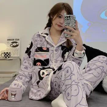 Sanrio Kuromi Kawaii Karikatür Pijama kadın Kış Mercan Kadife Uzun Kollu Hırka Mor Pazen Kalınlaşmış Ev Takım Elbise