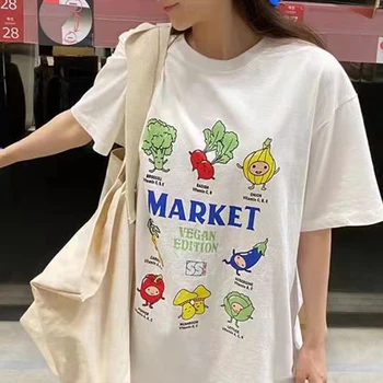 Sebze Karikatür Baskılı Beyaz Büyük Boy T Shirt Kadın kısa Kollu streetwear tişört Kore Moda Y2k Üst Yaz Artı Boyutu