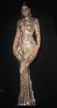 Seksi Akşam Parti Konser Kıyafet Moda Balo Doğum Günü Gümüş Sequins Rhinestones Örgü uzun elbise Şarkıcı Kat Uzunluk Elbiseler