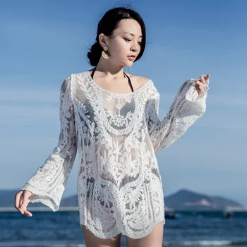 Seksi Dantel Bluz Moda kadın Beyaz Yaz Seksi Dantel Hollow Örgü Bikini Mayo Cover up Tığ Plaj Bluz Tops