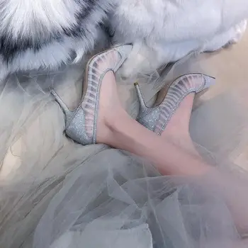Seksi Kadın Gümüş Siyah Şampanya Düz Renk Sivri Burun Örgü Bling Düğün Gelin Ayakkabıları Kadın Üzerinde Kayma 6/8 cm Sığ Pompaları