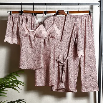 Seksi Leopar Kadın Pijama Takım Elbise Bahar Sonbahar Yeni Saten Dantel Gecelik Samimi İç Çamaşırı 5 ADET Uyku Seti Rahat Pijama Kıyafeti