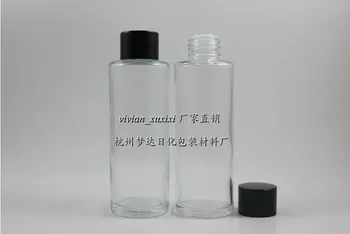 siyah vidalı kapaklı 100ml yuvarlak şeffaf losyon şişesi, sıvı krem ve losyon için 100ml cam şeffaf kozmetik ambalaj