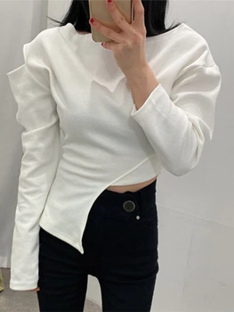 Sonbahar Kadın T Shirt Kız T-Shirt Kadın Giysileri Üstleri Pamuk İnce Gömlek Kadın Uzun Kollu Kırpma Üst Y2k Bahar Tee Seksi Beyaz