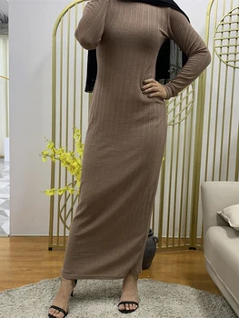 Sonbahar Kış Nervürlü Örme Elbise Sıkı Slim Fit Altında Abaya Robe Katı Renk Uzun Kollu Dubai Türk Müslüman Kadınlar Tevazu
