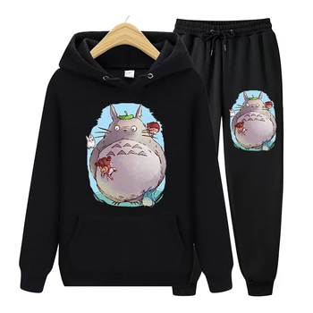 Sonbahar Siyah Kadın Kawaii Seti Totoro Stüdyo Ghibli Baskı Anime Elbise Kadın Kazaklar Uzun Kollu Büyük Boy Hoodies Streetwear