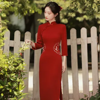 Sonbahar Ve Kış Örgü Nakış Orta Uzun Cheongsam Elbise 3/4 Kollu Vintage Modifiye Ziyafet Elbise Cheongsam Youn