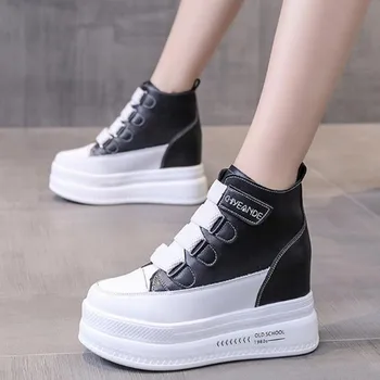Sonbahar Yüksek Platformu Sneakers 8CM Yüksek Topuklu Kadın Kalın Taban yarım çizmeler Deri Kama Kış rahat ayakkabılar Botları