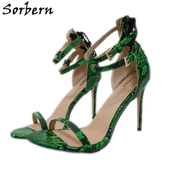 Sorbern Yeşil Yılan Derisi Sandalet Kadın Stilettos US14 Yüksek Topuklu Tek Kayış Burnu açık Yaz ayakkabı Sandalet Kadın Özel Renkler