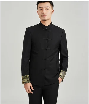 Standı Yaka Tang Takım Elbise Üst erkek Tek Parça İnce Gençlik İş Kostümleri Çin Tarzı Blazer Ejderha Nakış Düğün Ceket