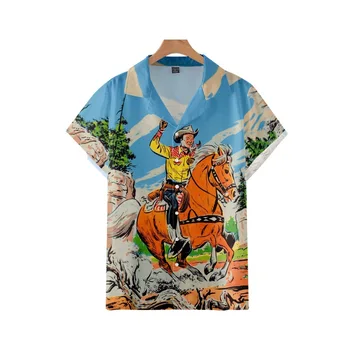 Streetwear Kısa Kollu Tatil Plaj Gömlek Yaz Rahat Mavi Kovboy Baskı Gömlek erkek Hawaii Düğme Gömlek