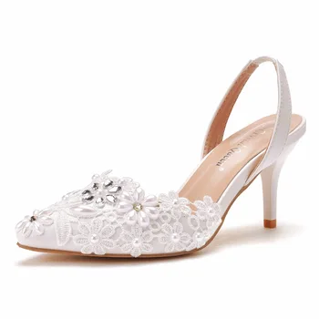 Sığ ağız sivri sandalet Beyaz Dantel Boncuklu ince topuklu sandalet büyük düğün ayakkabı gelin düğün düğün çekim ayakkabı