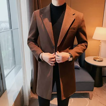 Takım elbise Yaka Orta Uzunlukta Yün Ceket / Yüksek Kaliteli erkek Yeni Sonbahar Kış Düz Renk Slim Fit İş Rahat Sıcak Palto