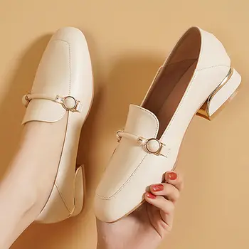 Tek ayakkabı kadın Düşük topuklu 2022 Yeni Loafer'lar kadın Kalın topuklu Süper Yumuşak Alt Rahat Küçük deri ayakkabı Beyaz Topuklu