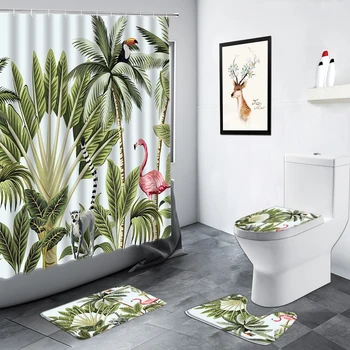 Tropikal Bitki Palmiye Ağaçları Flamingo Duş Perdeleri Yeşil Yapraklar Toucan Banyo Dekor kaymaz Halı tuvalet paspası Banyo Paspasları Setleri