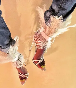 Tüy Kadın Sandalet Sivri Burun Çapraz Kayış İnce Topuklu Renkli Büyük Boy Gladyatör sandalet Yaz Süper Yüksek Topuk Ayakkabı