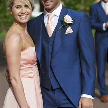Uzun Tailcoat Düğün Erkekler Suit smokin ve Yelek 2017 yeni Özel Made Kraliyet Mavi homme Slim Fit erkek blazers düğün damat