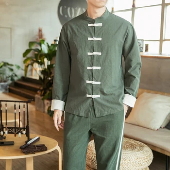 Vinbrandmn Japon erkek Retro Düz Renk Ceket Gevşek Çin Hanfu Pamuk Patchwork Hırka Kung Fu Tai Chi Üniforma