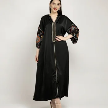 Vintage Etnik Kapşonlu Maxi Elbise Kadınlar için Sonbahar 2021 Avrupa ve Amerika Orta Doğu Arapça Müslüman Dubai Abaya Siyah