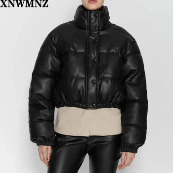 XNWMNZ Sonbahar Kış Kadın 2020 Moda Suni Deri Kalın Sıcak kapitone ceket Ceket Vintage Elastik Hem Kadın Giyim Şık Üst