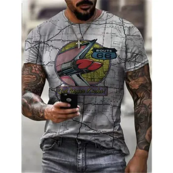 Yaz erkek tişört Sokak Moda ABD Karayolu 66 Kişiselleştirilmiş Baskı 3D Elbise Büyük Boy Erkek kısa kollu tişört