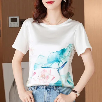 Yaz kadın kısa kollu t-shirt Üst Kore Moda O-Boyun Rahat Baskı Gevşek Tees Houthion Naylon Pamuk