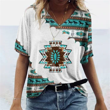 Yaz Kadın Moda Rahat V Boyun T Shirt Vintage Etnik Geometrik Baskı Kısa Kollu Gevşek Üst Kadın T Shirt 2022