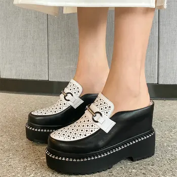 Yaz Moda Ayakkabı Kadın Hakiki Deri Yüksek Topuk Gladyatör Sandalet Kadın Yuvarlak Ayak Tıknaz Platformu Pompaları rahat ayakkabılar