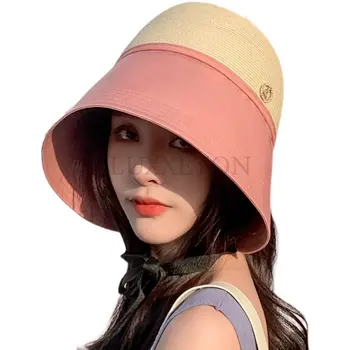 Yaz Yeni Stil Büyük Ağız Dikiş Hasır Şapka Kadın Doğal Bandaj Seyahat Şapka Tam Yüz güneş şapkası Binicilik Şapka Gelgit Erkekler