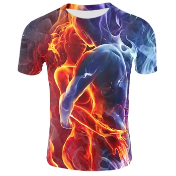 Yaz yeni yuvarlak boyun çabuk kuruyan spor kısa kollu 3D baskılı tişört buz ve ateş ile kombine kafatası çok tarzı T-shirt