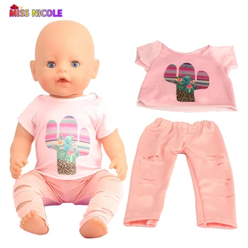 Yeni Moda Bebek suitFor 43 cm Yeni Bebek Dünyaya Bebek Pembe kaktüs kısa kollu ve yırtık kot 1/3 BDJ Bebek Giysileri