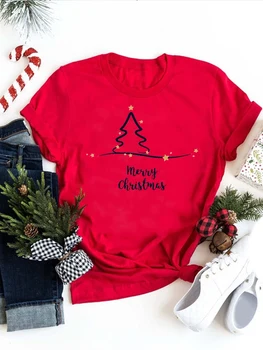 Yeni Yıl Merry Christmas Tee Moda Festivali Kadın Ağacı Kış Aşk Baskı Elbise Tatil Üstleri Tshirt Kadın grafikli tişört