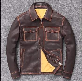 yeni Ücretsiz kargo.2023 inek derisi Marka Ceket, erkekler vintage hakiki Deri motorcu ceketi.klasik günlük deri ceket,keçi derisi satışı