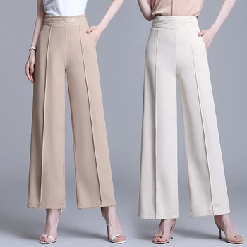 Yüksek Belli Geniş Bacak Pantolon Kadınlar için Moda Trendleri Resmi Giyim Dantel Patchwork Pantolon Ofis Bayanlar Geri Fermuarlar Dipleri