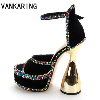 yüksek kaliteli mikrofiber marka tasarımcısı kristal kadın sandalet platform ayakkabılar bayanlar elbise parti süper yüksek topuk gladyatör sandalet