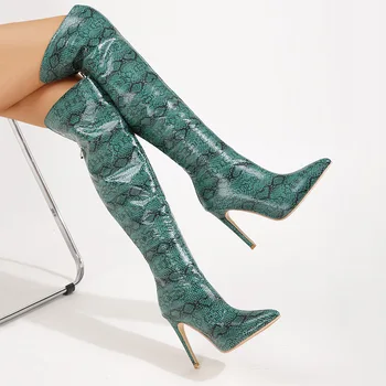 Yılan Derisi Çizmeler Sivri Burun Stiletto Topuklu Çizmeler Yeni Varış Moda Kadın Kış Ayakkabı Rahat Zarif Seksi Botas
