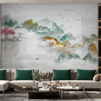 Çin Mürekkep Yıkama Sanatsal Anlayışı Altın Manzara Duvar Resimleri Duvar Kağıdı 3D Oturma Odası TV Kanepe Lüks Ev Dekor 3D duvar bezi