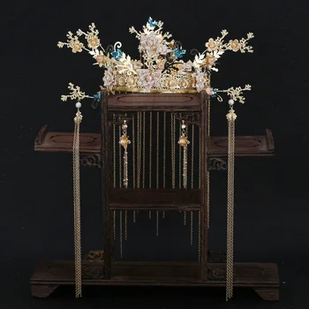 Çin tarzı mavi kristal alaşım çiçek taç düğün gelin saç dekorasyon Gelin düğün saç takı
