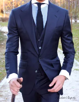 Özel Yapılmış yün mavi takım elbise Erkekler Damat Giyim Erkek Düğün smokin slim fit en iyi erkek takım elbise(Ceket + Pantolon + Yelek)