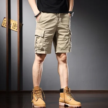 Şort Kargo Erkekler Yaz Streetwear Moda Rahat Çok Cepler İpli Haki Pamuk Baggy Düz kısa pantolon